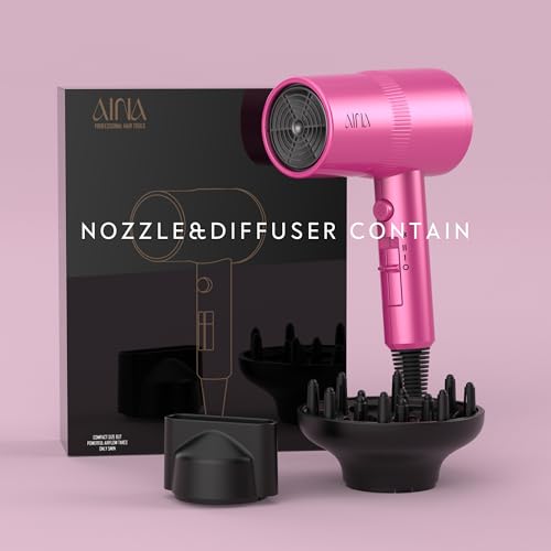 AINA Diffuser Hair Dryer Full-Featured Blow Dryer 110V/1600W(Neon Pink) | 3 Heat/2 Speed;Cold shut button;Lightweight;Compact Size;High Temp;Low Airflow;Same Results;Less Expense - color: Neon Pink, size: 3 Piece