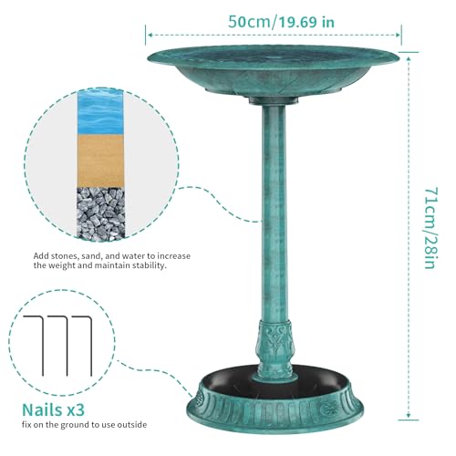 AISITIN 28 Inch Bird Bath with 3.5W Solar Fountain for Outside, Green | Polyresin Pedestal Bird Baths for Outdoor Garden Courtyard Decoration, Weather-Resistant Birdbaths with 20" Bowl & 8 Nozzles - color: Green
