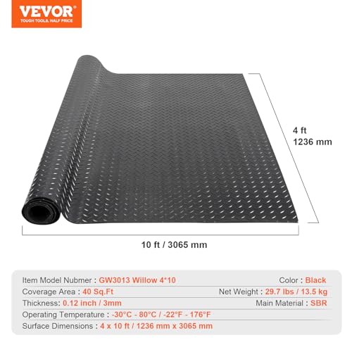 VEVOR Diamond-Plate Rubber Flooring Roll, 3 mm x 4 ft x 10 ft Garage Floor Mat, SBR, Easy to Clean, Diamond Plate Rubber Mat for Under Cars, Garage Industry Gym, Black - size: 120.7"L x 48.7"W x 0.1"Th