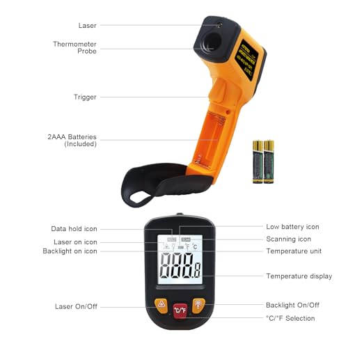Ketotek Digital Infrared Thermometer Temperature Gun -58°F to 1112 °F(-50°C to 600°C) Handheld Non Contact IR Laser Thermometer KT600Y for Cooking Meat Refrigerator Pool Pizza Oven BBQ Food - color: Orange