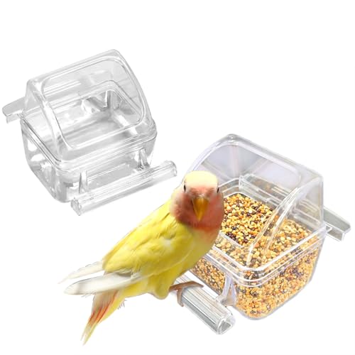 2 Pack Bird Feeder Bowl Clear Water Container Bird Cage Dish No Mess Parakeet Hanging Food Cup for Cage Plastic Parakeet Feeder with Perch