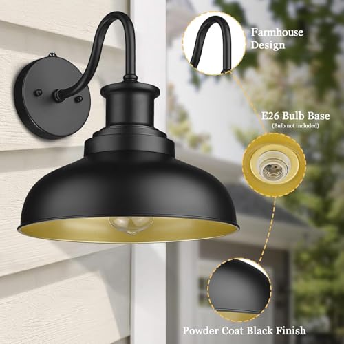 Dusk to Dawn Outdoor Barn Light, Farmhouse Outdoor Wall Sconce, Rustic Exterior Wall Mount Light, Vintage Outside Lighting Fixture Industrial Black Lantern for Porch Garage Shed,1 Pack - color: Black+Gold, size: 11DDRZ007-1 PACK(Dusk to Dawn)
