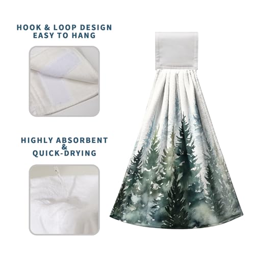Watercolor Green Tree Hanging Hand Towels Christmas Pine Tree Kitchen Tie Towel Rustic Nature Forest Hand Towels with Hook Loops Winter Hanging Kitchen Towel Fast Drying Dish Tea Towels, 2pcs - color: Green Tree