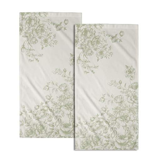 French Country Flowers Hand Towels Set of 2, Green Chinoiserie Vintage Floral Absorbent Dish Towel Tea Towels for Farmhouse Bathroom Kitchen Cleaning and Decor 14x28 Inch - color: Chinoiserie Green Flowers