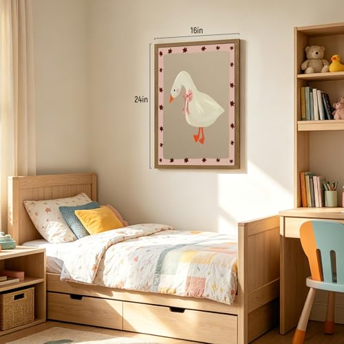 RLKHG Wood Framed Cute Goose Nursery Wall Art, Whimsical Goose with Bow Wall Decor, Pink Star Cottagecore Animal Poster Print, Sweet Farmhouse Kids Room Artwork for Girls Bedroom 12x16 Inch - color: CuteGoose, size: 16"L x 12"W