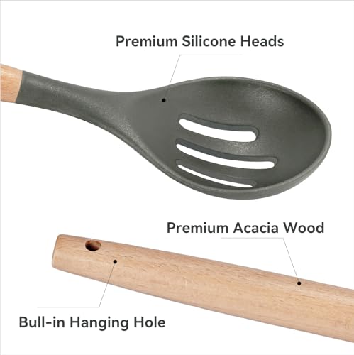 Non-Stick Silicone Cooking Utensils Set, 5 Pcs with Wooden Handle, Heat Resistant Silicone Kitchen Gadgets (Gray) - color: 5 PCS Set Grey