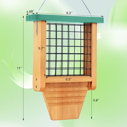 Gbekery Wooden Suet Bird Feeder for Outside Hanging, Woodpecker Suet Feeder with Tail Prop, Hanging Bird Feeder for Wild Birds, 1 Pack, Green - color: Light Green
