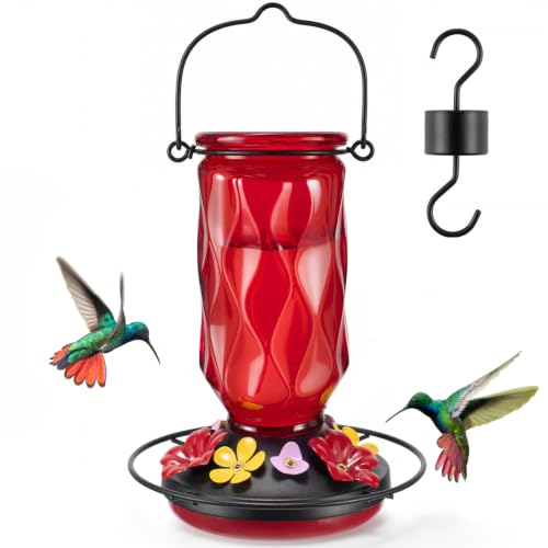 Kingsyard Glass Hummingbird Feeder for Outdoors Hanging, 20 oz Leak-Proof Wild Bird Nectar Feeders with 9 Bee Guard Ports & Ant Moat, Garden Yard Art Decor Gifts for Mom, Red - color: Red