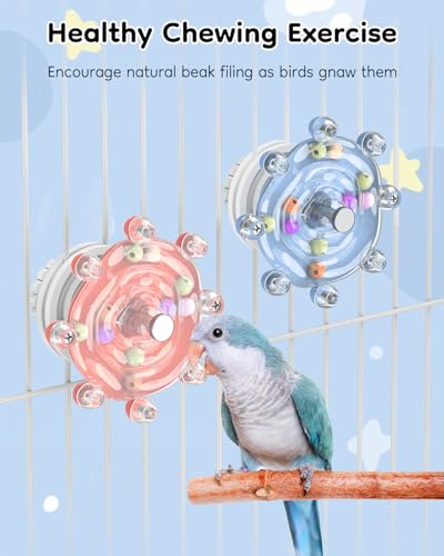 Pawfly 2 Pcs Bird Toys for Parakeets, Spinning Wheel Chew Toys, Interactive Spinner Rattle Parrot Toys, Cockatiel Toys, Bird Cage Accessories for Entertainment Chewing Exercise, Blue & Pink - color: Blue + Pink, size: 2 PC