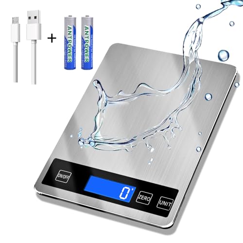 33lb Food Scale, Digital Kitchen Scale for Cooking Baking | Waterproof Stainless Steel Platform, USB Charging & Battery Dual Power, Weighs in Grams and Ounces