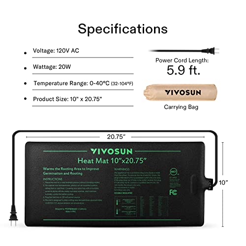 VIVOSUN 2 Pack Durable Waterproof Seedling Heat Mat 10" x 20.75" | UL & MET-Certified Warm Hydroponic Heating Pad for Germination, Indoor Gardening, Greenhouse - size: 10" x 20.75" - 2pack