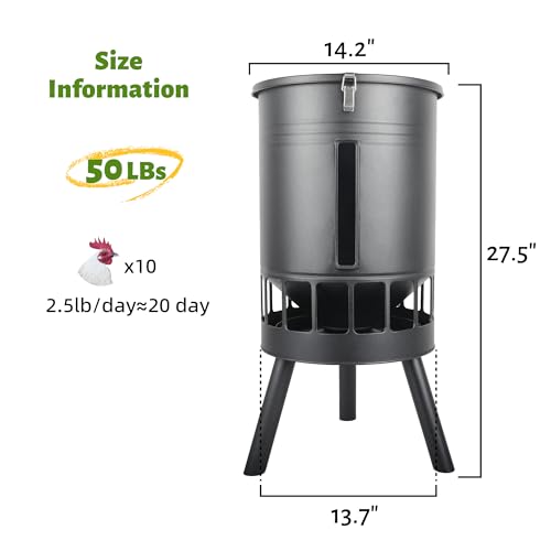 KOL 50LB Metal Chicken Feeder - No Waste, No Clog Design with 16 Ports & Smooth Gravity-Flow, Powder Coated Rust-Proof for Coop Use (Black) - color: Black