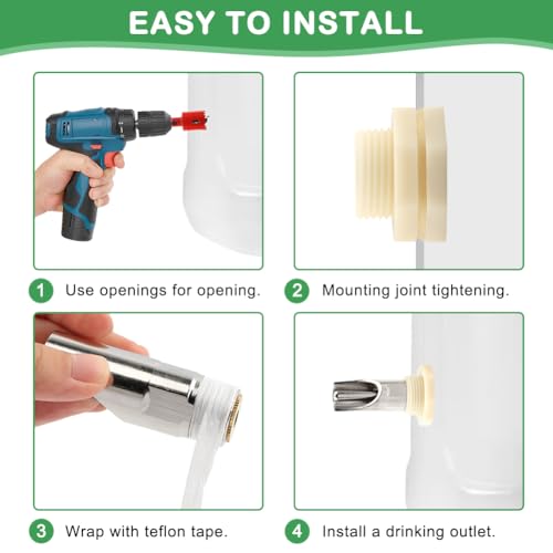 Pig Nipple Waterer for Barrel Kits, 3pcs Stainless Steel Automatic Pig Drinker Feeder Water Tank Connector with 1 Hole Opener & PTFE Tapes, Watering Systems Kit for Pig/Goats/Swine/Piglets/Drinking