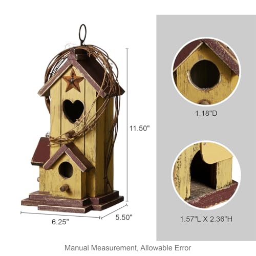 Glitzhome Birdhouses for Outdoors,Hummingbird Houses for Outside, 11.5"H Yellow Hand Painted Distressed Solid Wood Bird Nesting Box Decorative Birdhouse with Rattan Hanging Bird House for Patio Garden - color: 11.5"H