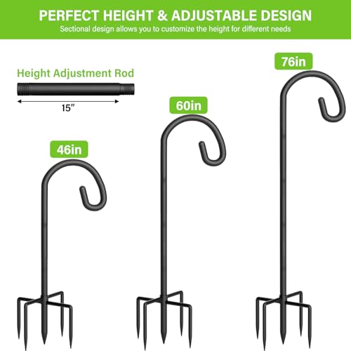 Shepherds Hook for Bird Feeder, 76" Heavy Duty Bird Feeder Pole with 5-Prong Base, Extra Thick Metal Shepherd Hook for Outdoor Hanging Plant Basket, Hummingbird Feeder, Solar Lantern, Black, 2 Pack - size: 76", style: 2 Pack