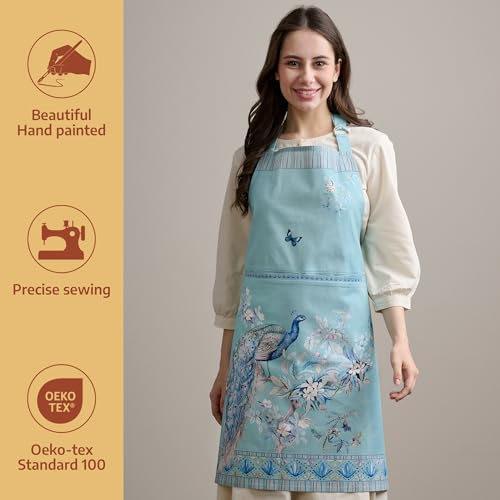 Maison d' Hermine Aprons for women with Pocket 100% Cotton (27.50"x31.50") | Adjustable Neck Strap & long ties Apron Men Chef Wedding Cooking Gardening Server Maid - color: 022 - Peacock Utopia - Pastel Turquoise