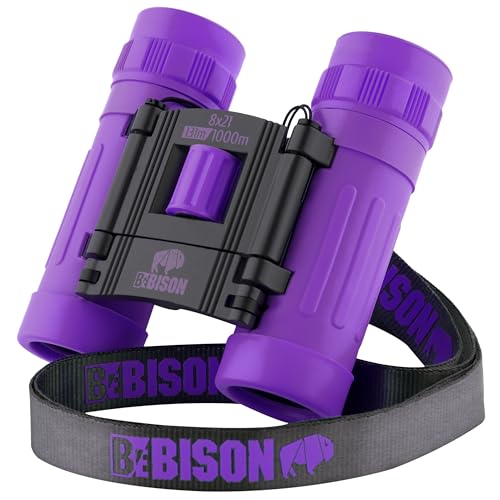BeBison Binoculars for Kids and Adults - 8x21 High Resolution Real Optics - Compact Folding Shockproof Kids Binoculars for Bird Watching - Spy Games - Outdoor Play for Boys and Girls - color: Purple