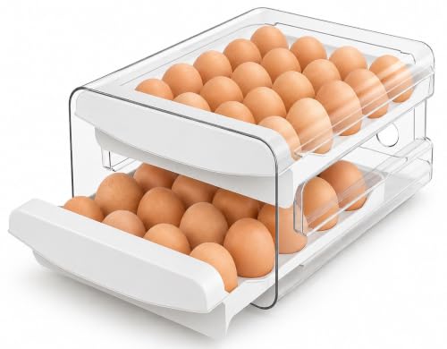 Egg Holder for Fridge, 40-Egg Refrigerator Organizer with Drawers | Egg Storage for Refrigerator, Clear Egg Container, 2-Tier Egg Tray for Fridge, Stackable Lid, BPA-free PET and PP, Hand Wash.