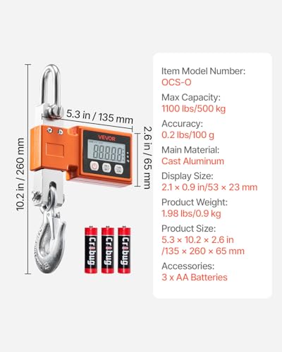 VEVOR Digital Crane Scale, 1100 lbs/500 kg Max Capacity, Heavy Duty Industrial Hanging Scale with Cast Aluminum Case & LCD Display, 0.2 lbs Division & 3 Unit Switch, Auto-Off Setting for Garage - style: 1100BLS
