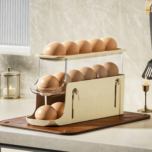 Egg Holder for Fridge, Rolling Egg Holder for Refrigerator, Automatic Egg Dispenser Organizer, Egg Storage Container Rack for Refrigerator Countertop, Space Saving Fridge Organizer （Creamy White） - color: Creamy White