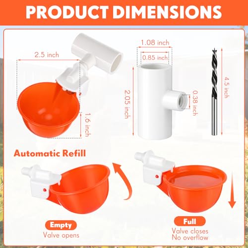 LemonRoad 30 Set Automatic Chicken Waterer Cups with 1/2" PVC Tee Fitting Chicken Drinking Bowl, Poultry Drinker Mounting Hole Opener,Water Dispenser Feeder for Duck, Goose, Turkey, Pigeon(Orange) - color: Orange