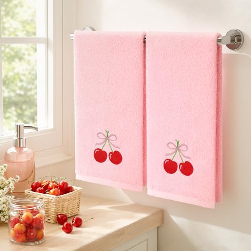 SmoothNovelty 2 Pcs Cherry Hand Towels for Bathroom Decor 14x29 Inch | Embroidered Cute Bathroom Hand Towels, 100% Cotton, Soft Absorbent, Spring Summer Bathroom Kitchen Decor - style: Cherry