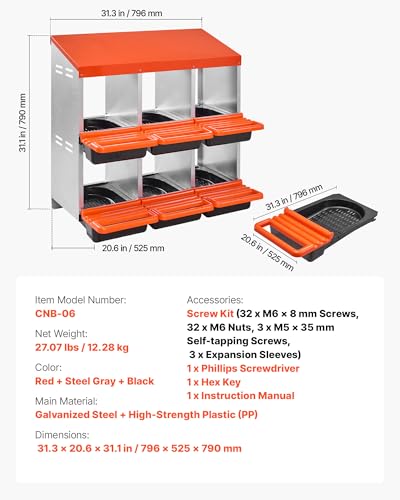 VEVOR 2 Tiers Chicken Nesting Boxes, 6 Compartments, Metal Egg Laying Boxes with Protective Collection Lids, Roll Out Nesting Box, Easy to Assemble, Ideal for Hens, Ducks, Chickens, and Other Poultry - size: 31.3"L x 20.6"W x 31.1"H