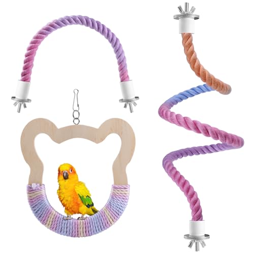 3 Pcs Gradient Bird Perching Rope Set, Bendable Bird Perching Rope for Parrot Cage, Gradient Wooden Birds Swing, Standing Climbing Toys for Parrots, Lovebirds, Budgies and Larks - size: 1 Short + 1 Long + Swing