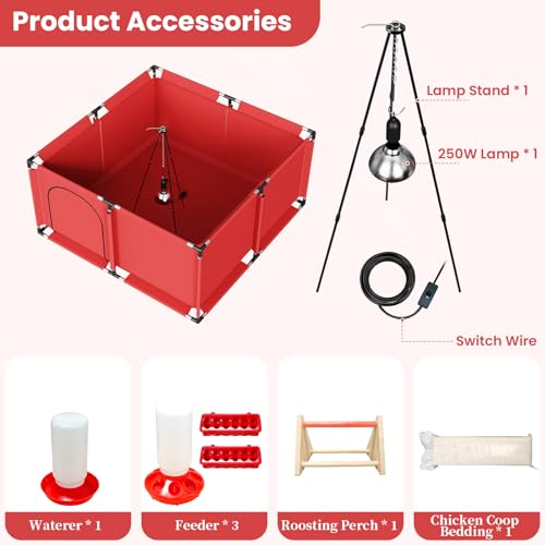 Brooder Box for Chicks, All-in-One Chick Starter Kit, Stainless Steel Frame Baby Chicken Brooder Playpen with 250W Heat Lamp, Perch, Feeder & Waterer Set, Up to 30 Chicks, Square Style
