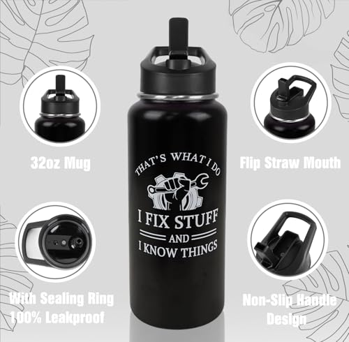 Mechanic Water Bottle with Straws Garage Insulated Water Bottle Gifts for Men,Father,Dad,Grandpa,Husband,Car Guy,Anniversary,Fathers Day Travel Thermal Double Walled Vacuum Cup-32 oz - color: black mechanic