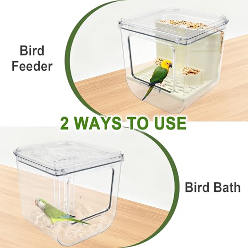 No Mess Bird Feeder for Cage Automatic Bird Seed Feeder | Seed Cube for Bird Cage with Perch & Transparent Food Container Parakeet Cage Accessorie for Parrots Budgies Lovebirds Canary