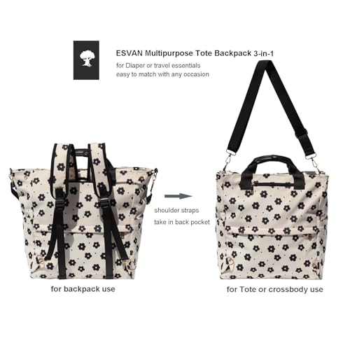 Diaper Tote Bag Totepack Backpack Crossbody Bag 3 in 1 for Women Laptop Backpack Multifunctional with Insulated Pockets - color: Corduroy Black Flower