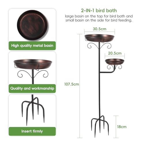 42" Large Freestanding Metal Bird baths for Outdoors Bird Feeder Ground for Garden Decor, Removable Bowl with Strong 5 Stakes, Bird Bath for Outside, Ground Mounted Birdbaths for Pation Backyard Lawn