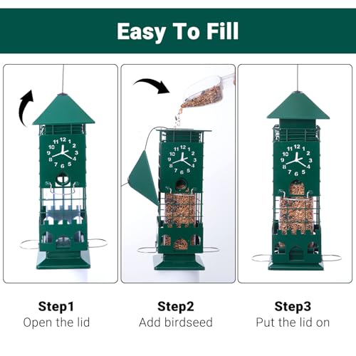 Metal Squirrel Proof Bird Feeders for Outdoors Weight Activated,3 Lbs Green | Hanging Anti Squirrels Buster Mesh Birdfeeders for Outsides Chew & Weather proof, Easy to Fill 4 perches Decor Backyard