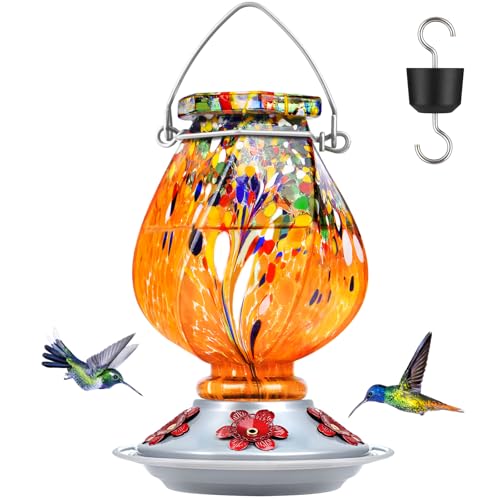 Hummingbird Feeders for Outdoors Hanging, Hand Blown, Orange, 22oz | Glass Hummingbird Feeder with Ant Moat, 5 Bee-Proof Ports, Leak-Proof, 360° Perch, Garden Decor, Gifts for Women Men Mom Dad - color: Orange