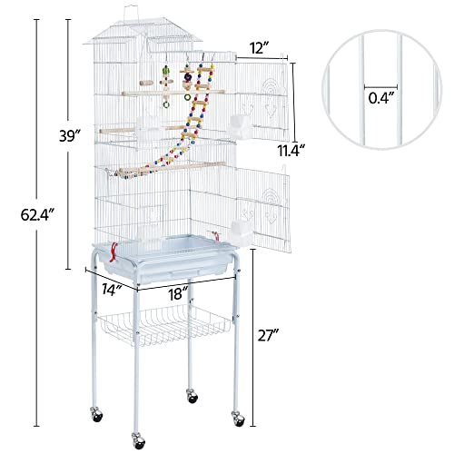 Yaheetech 62.5-inch Roof Top Flight Bird Cage for Parakeets Cockatiels Conures Finches Lovebirds Canaries Budgies Small Parrots, Large Birdcage with Detachable Rolling Stand, White - color: White