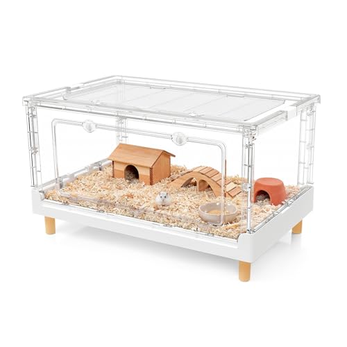 Hamster Cage 13.4" Low Profile Cozy Dwarf Hideout Castle | 470 Sq In roomy floor, frosted rear privacy panel, 2.5" base tray, bookshelf fit draft protection, 5-min foldable frame - size: 27.5"L x 16.9"W x 13.4"H