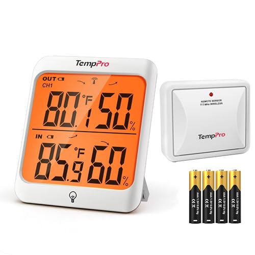 TempPro TempAir 500 FT Indoor Outdoor Thermometer Wireless & Remote Sensor | Backlit LCD Display, No Hub or App Required, Outside Thermometer & Cold-Resistant Sensor for Patio Garage, Batteries Included - style: 500ft & Touchable Backlit