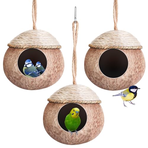Suzile 3 Pcs Natural Coconut Bird Nest for Cage Hanging Birds House Parakeet Hide Breeding Hut Bird Cage Habitats Decor for Parrot, Cockatiel, Lovebird, Finch, Squirrel, Hamster