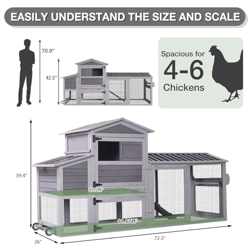 Large Chicken Coop with Run for 4–6 Chickens, Mobile Chicken Coop with Wheels, Wooden Hen House with 2 Nesting Boxes, Pull-Out Tray, Waterproof Roof, Outdoor Poultry Cage for Backyard