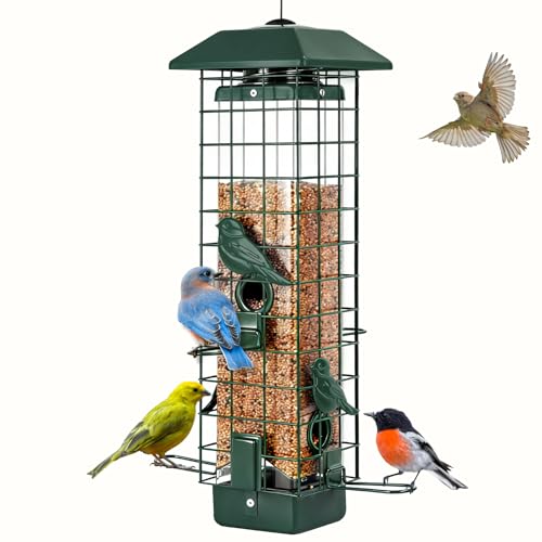 Gbekery Squirrel Proof Bird Feeder, Metal Mesh Feeders for Outdoors Hanging, Gravity Protection Wild Bird Feeders for Finch Chickadee, Weather Resistant, 3LB Large Capacity, Green - color: Green Square
