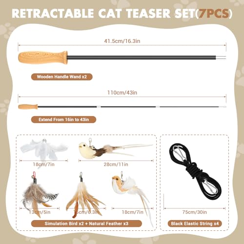 ROSAUI Cat Teaser Wand Toys, Interactive Bird Toys for Indoor Kittens, 42.15’’ Long Cat Fishing Pole Toys, 2Pcs Wires and 5Pcs Natural Refills, Sustainable Wooden Handles, Exercising, Playing - style: Original Wand Set – 2 Rods, 5 Toys