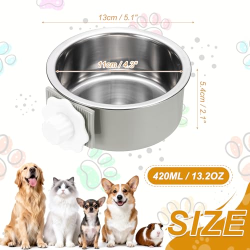 Crate Dog Bowl, Removable Stainless Steel Pet Cage Hanging Anti-Overturn Food Water Feeder Cage Cup (Round, Grey, 13.2oz), Intended for Puppies/Cat/Rabbit/Bird - color: Grey, size: 5.1"(13.2oz)