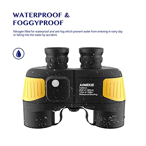AOMEKIE 7x50 Waterproof Marine Binoculars for Adults with Rangefinder Compass BAK4 Prism FMC Lens for Birdwatching Hunting Boating Fishing Water Sports(Yellow) - color: Yellow