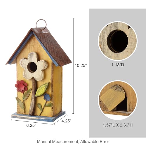 Glitzhome Bird Houses for Outside, 10.25" Wooden Bird House Hanging Birdhouse Distressed Flower Garden Bluebird House for Outdoor, Bird Nest Box for Bluebird Wren Chickadee Sparrow - color: 10.25"H Flower Washed Yellow
