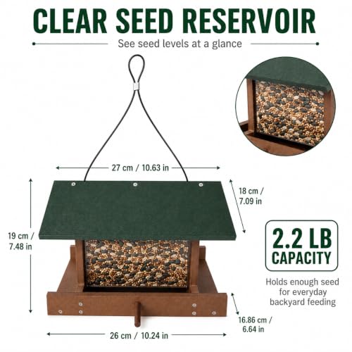Bird Feeders for Outdoors Hanging, Recycled HDPE Bird Feeder with 2.2 LB Capacity, Clear Seed Reservoir, Flip-Top Roof for Easy Refilling, No Assembly Required, Weatherproof Wild Bird Feeder