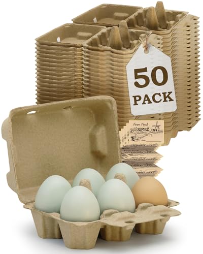 Duck Egg Cartons 50 Pack - Holds 6 Eggs Each, Thick Recycled Pulp with Pillar Support, Stackable Containers with Stickers, Kraft Brown-Large - color: Kraft Brown-Large, size: 50 PCS