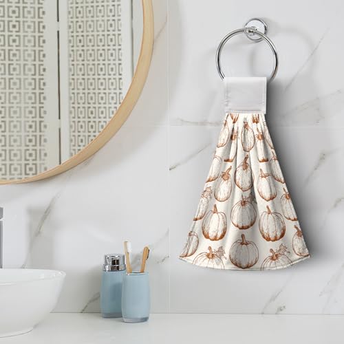 2 Pcs Fall Pumpkin Hanging Kitchen Towels Autumn Thanksgiving Hand Towels with Hanging Loop Burnt Orange White Pumpkins Dish Towels Soft Absorbent Bath Tie Towel for Bathroom Decor - color: Fall Pumpkin-a-a
