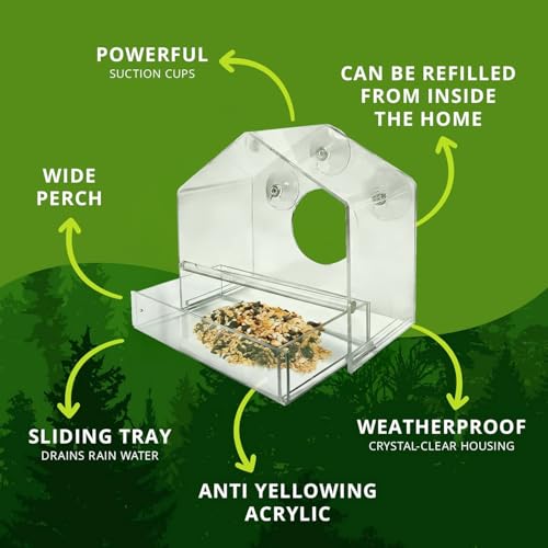 Window Bird Feeder with Strong Suction Cups, Clear Acrylic Window Mounted Bird Feeder, Removable Sliding Tray, Weather-Resistant, Durable, Squirrel-Resistant, House Style - size: House