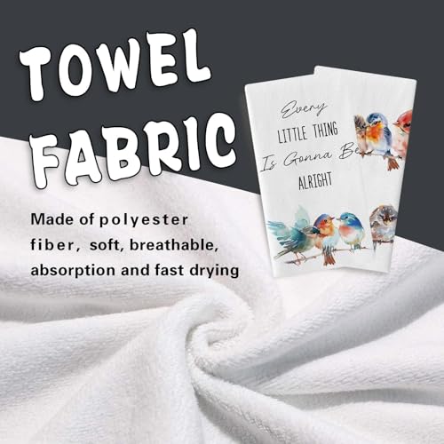 Inspirational Watercolor Birds Kitchen Dish Towels Set of 2 | Every Little Thing is Gonna Be Alright Drying Hand Towel, Spring Summer Cardinal Bluebird Bathroom Baking Cooking Cloth